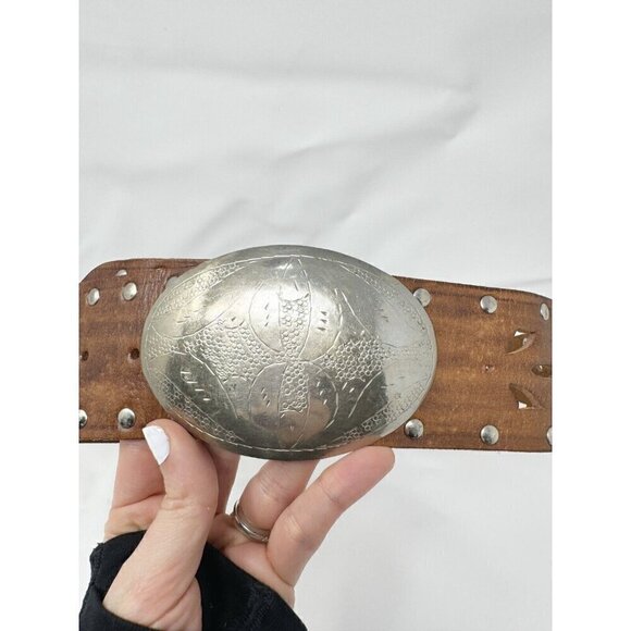 Chico's Sz M Wide Brown GENUINE LEATHER Studded Cowgirl Western Belt Perforated - Picture 3 of 9